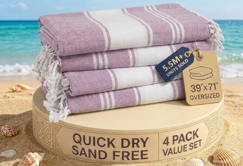 LANE LINEN Beach Towels 4 Pack Oversized, Turkish Towel Set - Regal Orchid - color: 12: Regal Orchid, size: Pack of 4