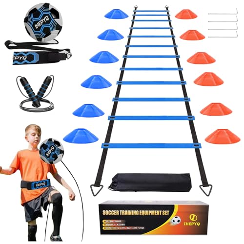 Soccer Agility Training Equipment Set, 12 Rung 20Ft Agility Ladder, 12 Disc Cones, 4 Steel Stakes, Solo Soccer Trainer, Jump Rope - Speed Training Equipment for Soccer Football Basketball