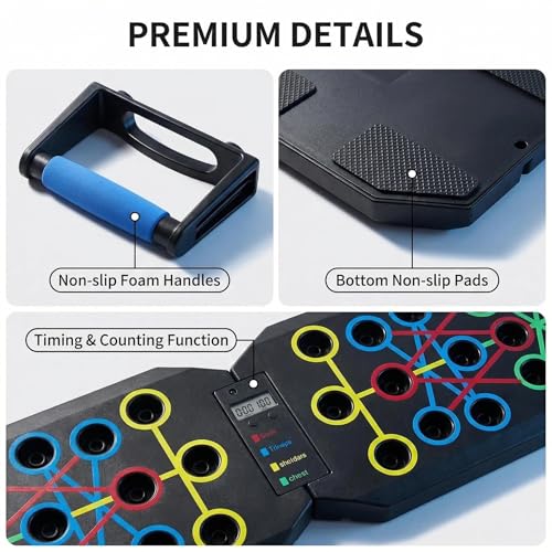 Push Up Board Fitness, BESUNTEK Foldable Multi-Function Exercise Board with Elastic Cord for Total Body Workouts, Portable Push Up Board for Floor