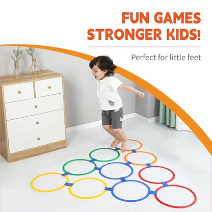 Hopscotch Rings, 1-Set – 10 Round Hoops (11-inch) + 15 Connectors, Agility Rings for Kids, Builds Gross Motor Skills, Preschool & Kindergarten PE, Indoor/Outdoor Playground Obstacle Course