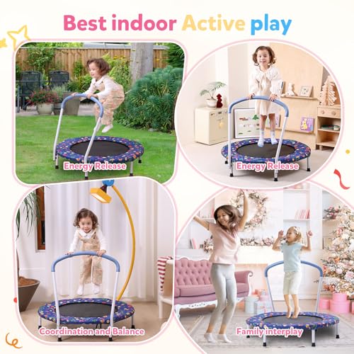 36"/55" Trampoline for Kids, Mini Toddler Trampolines Indoor with Basketball Hoop & Safety Enclosure Net, No-Gap Safe Desian for Boys Girls Ages 1-8 - color: Deep Blue, style: 36" with Handle