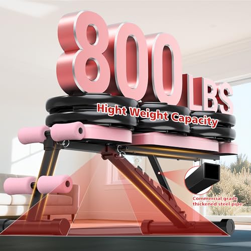 XDDIAS Workout Bench, 10 Backrests Adjustable Weight Bench with Extended Headrest, 800LBS Foldable Weight Bench for Home Gym, Incline Decline Flat Bench Compact for Small Space Training - color: Pink