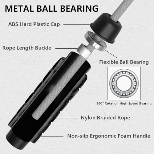 Weighted Jump Rope Nylon Adjustable - Tangle-Free Jump Rope for Women, Men, Kids, and Adults with Foam Handle, Rapid Speed with Ball Bearings, 360° Rotation Jumprope for Exercise, Fitness and Training - color: Gray