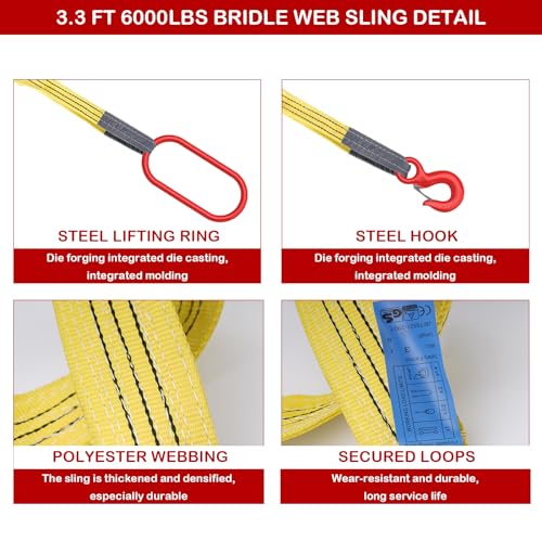 Lifting Slings Web Sling, 3.3 Ft Lifting Sling Straps Heavy Duty Single Leg Wire Rope, 6600lbs Polyester Lifting Sling with G80 Steel Hook - size: 3.3FT