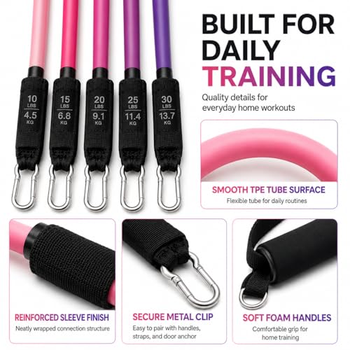 Resistance Bands Set with Handles, Door Anchor & Ankle Straps, 100 lbs Stackable Exercise Bands, 5 TPE Resistance Tubes for Home Workout, Strength Training, Yoga & Pilates