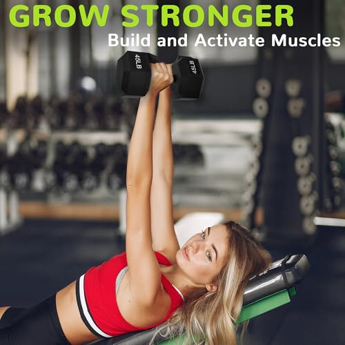 Fitvids Rubber Encased Exercise & Fitness Hex Dumbbell, Hand Weights with Anti-Slip Metal Handle for Home Gym, Multiple Sizes - style: 45LB Single
