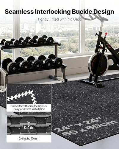 VEVOR 0.4Inch 48sq.ft 12 Tiles Gym Flooring for Home Gym, Rubber Top with High Density EVA Foam, 24 x 24In Gym Floor Exercise Equipment Mats, Interlocking Gym Mats, Puzzle Workout Mats, Black & Gray