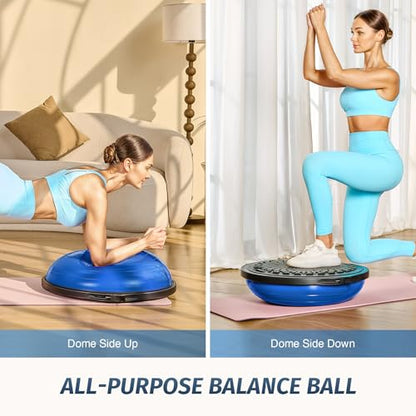 ZELUS 25in. Balance Ball | 660lb Inflatable Half Exercise Ball Wobble Board Balance Trainer w Nonslip Base | Half Yoga Ball Strength Training Equipment w 2 Bands, Pump, Extra Ball Included