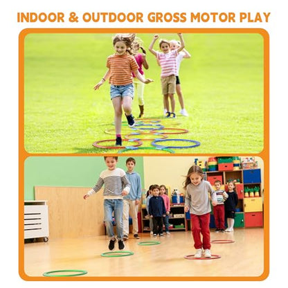 Hopscotch Rings, 1-Set – 10 Round Hoops (11-inch) + 15 Connectors, Agility Rings for Kids, Builds Gross Motor Skills, Preschool & Kindergarten PE, Indoor/Outdoor Playground Obstacle Course