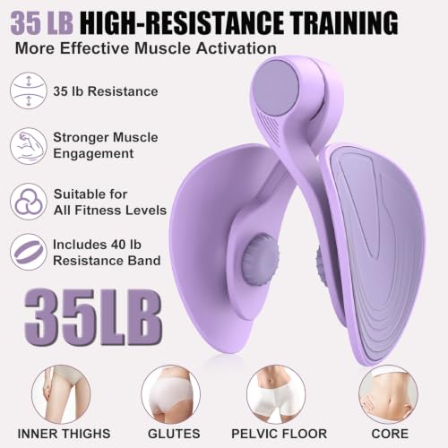 Pelvic Floor Exercise Device Available in 35 lb and 49 lb Resistance, Kegel and Inner Thigh Muscle Trainer, Home Workout Equipment for Postpartum Recovery, Women and Men, with Band - color: Purple