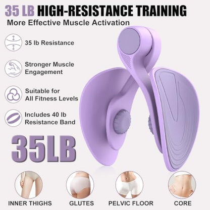 Pelvic Floor Exercise Device Available in 35 lb and 49 lb Resistance, Kegel and Inner Thigh Muscle Trainer, Home Workout Equipment for Postpartum Recovery, Women and Men, with Band - color: Purple