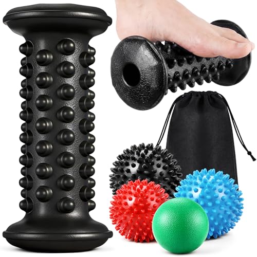 5 Pcs Massage Ball and Foot Roller Set, 3-in-1 Set with Spiky Ball Lacrosse Balls Massage Roller Carrying Bag, Foot Massager for Plantar Fasciitis Relief Muscle Pain
