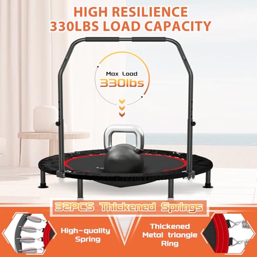 40" Mini Flodable Spring Rebounder Trampoline for Adults, Small Exercise Trampoline for Indoor Workout and Fitness, Purple Resistance Band Included, Max Load 330 LBS - size: 40"(Gray Resistance Band), style: With Bar