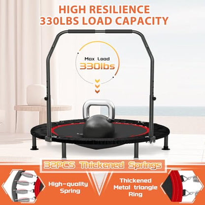 40" Mini Flodable Spring Rebounder Trampoline for Adults, Small Exercise Trampoline for Indoor Workout and Fitness, Purple Resistance Band Included, Max Load 330 LBS - size: 40"(Gray Resistance Band), style: With Bar