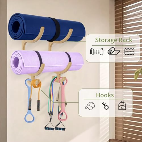 Wooden Yoga Mat Holder Wall Mount, Wooden Yoga Mat Storage Rack Solid Wooden Yoga Mat Holder Home Gym Equipment Storage & Organizer Wall Mount Workout Storage Holder for Mats,Resistance Bands