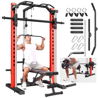 OPPSDECOR All-in-One Adjustable Smith Machine with LAT-Pull Down System - color: Vermilion