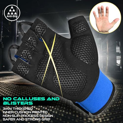 Workout Gloves for Men, Durable Palm Grip Gym Gloves Women Half Finger Elasticated Training Weight Lifting Strength Bodybuilding Anti Slip Cycling Gloves Exercise