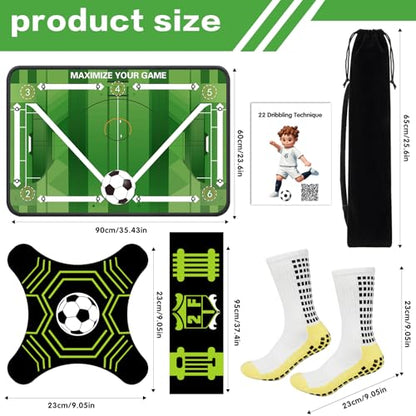 2F22E Soccer Training Mat for Kids & Youth, Non-Slip Silent Footwork Training Equipment with Soccer Bounce Trainer & Socks, Ball Mastery Skills Mat with Instructional Video for Indoor Practice
