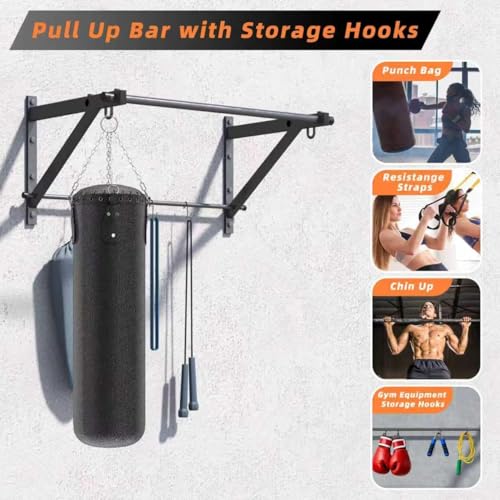 Wall Mounted Pull Up Bar, Strength Training Chin Up Bar for Doorway and Wall Mount with Hooks, Adjustable Depth Pull-up Bar with 500LBS Weight Capacity, Heavy Duty Gym Home Training