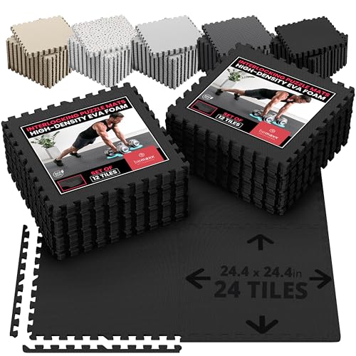 bemaxx Gym Mats Set - 24 pcs EVA Interlocking Foam Floor Tiles (24.4"x24.4"x0.4") 96 sqft Protective Gym Flooring Sports Home Workout Exercise Mats Puzzle Garage Fitness Play-Room Pool Treadmill Bike - color: Anthracite, size: 24 Tiles | 96 sq ft