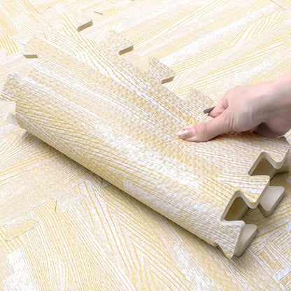 Tebery 16 Pieces Printed Wood Grain Floor Tiles 3/8-Inch Thick EVA Foam Puzzle Floor Mat