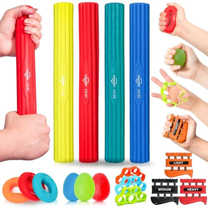 DICYWUDI Flex Therapy Bar and Grip Strength Trainers set, Physical Therapy & Resistance Bar for Golfers Elbow,Tendinitis,Wrist,Forearms Pain, Improve Grip Strength and Relieve Pain - color: 16pcs Green Sets+finger Exerciser Sets