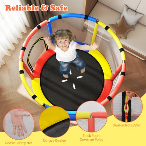 GYMAX 55" Trampoline for Kids, 440LBS 6 in 1 Toddler Rebounder with Swing, Basketball Hoop, Punching Bag, Rings & Bar, No-Gap Jumping Mat Mini Indoor Outdoor Trampoline - color: Red-Navy-Yellow