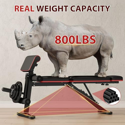 Foldable Weight Bench, Adjustable Workout Bench with Leg Extension, Preacher Pad, Extended Headrest, Space-saving Banco de Pesas for Home Gym, 800lbs Full Body Workouts Strength Training