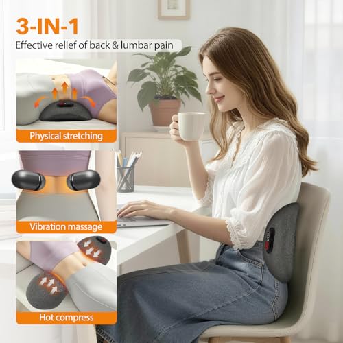 Gifts for Father 3-in-1 Electric Back Massager with Heat & Smooth Spine Technology Cordless Lumbar Support Cushion with Vibration, Stretch & Adjustable Height Deep Tissue Pain Relief for Lower Back