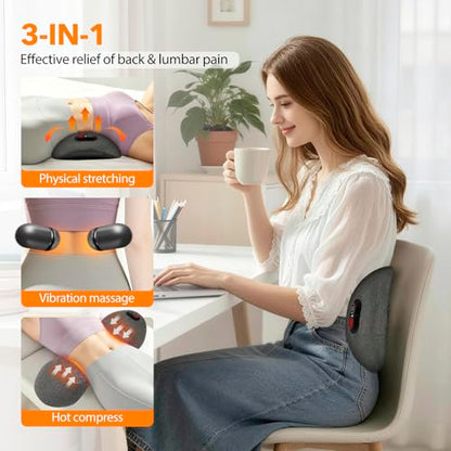 Gifts for Father 3-in-1 Electric Back Massager with Heat & Smooth Spine Technology Cordless Lumbar Support Cushion with Vibration, Stretch & Adjustable Height Deep Tissue Pain Relief for Lower Back