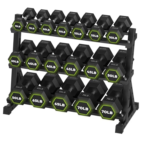 HANDBODE Hex Dumbbell Set with Rack, 300-840 lb Rubber Coated Fixed Weights Sets with Heavy Duty Storage Stand, Hexagon Shape, Multiple Weight Options Home Gym Equipment for Strength Training - style: 720 lb Set (15-70 lb) with Rack
