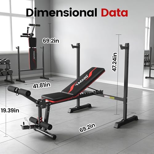 Weight Bench Set, 880LBS Adjustable Bench Press Set with Leg Extension and Barbell Rack, Safety Bar Catches, Fasting Foldable Workout Benches for Home and Gym