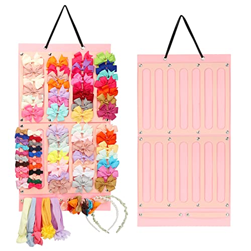 Hair Bows Holder & Organizer w/Large Capacity, 16 Ribbons,Bows Organizer, Baby Hair Accessory Storage Display with Sturdy Rope, Wall Hanging for Girl Room & Nursery Decor - color: Adorable Pink, size: 13.7x26 Inch (Pack of 1)