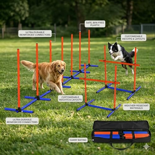 Dog Agility Training Equipment, 4-Sets Adjustable Dog Jumps & Hurdles Set for Backyard, Outdoor Dog Obstacle Course Training Starter Kit with Weave Poles, Pause Box & Carrying Bag for Large Small Dogs