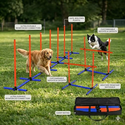 Dog Agility Training Equipment, 4-Sets Adjustable Dog Jumps & Hurdles Set for Backyard, Outdoor Dog Obstacle Course Training Starter Kit with Weave Poles, Pause Box & Carrying Bag for Large Small Dogs
