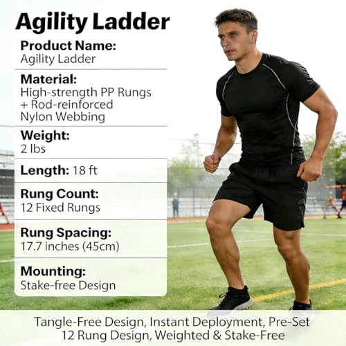 Tangle-Free Agility Ladder, 12 Fixed Rungs, 2 lb Heavy Duty, 18ft