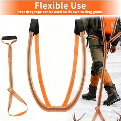 Deer Drag Harness Heavy Duty Orange Deer Drag Rope with Reflective Strip Soft Handle and Widened Shoulder Strap 400lb Capacity Deer Drag Set Perfect Men's Hunting Accessories and Gift for Hunters