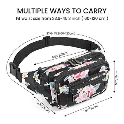 CXWMZY Fanny Packs For Women & Men Waist Pack Hip Bum Bag with Multi-Pockets Large Capacity Waterproof Casual Bum Bag for Disney Traveling Casual Cycling Running Hiking - color: Black_Flower