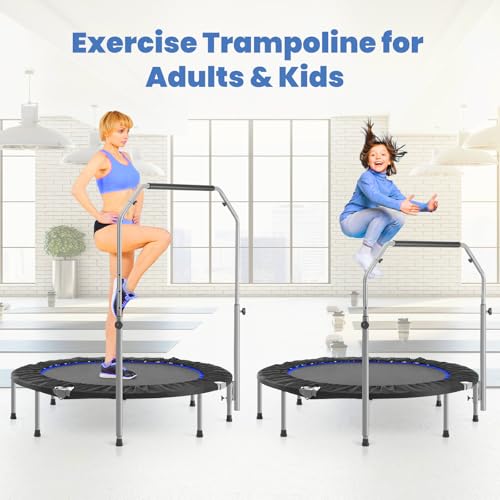 48" Foldable Mini Trampoline for Kids & Adults, Fitness Rebounder with 5-Level Adjustable Foam Handle, Max Load 450 lbs, Indoor/Outdoor Exercise Trampoline for Home Workouts (Silver)