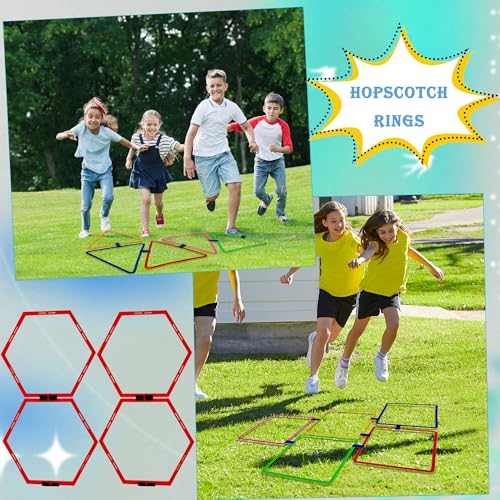 4 Set Hopscotch Ring Game with Connectors Obstacle Course Outdoor Indoor for Kids Fun Squares Round Triangular Hexagonal Agility Training Rings Playground for Girls Boys