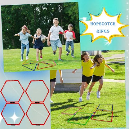 4 Set Hopscotch Ring Game with Connectors Obstacle Course Outdoor Indoor for Kids Fun Squares Round Triangular Hexagonal Agility Training Rings Playground for Girls Boys