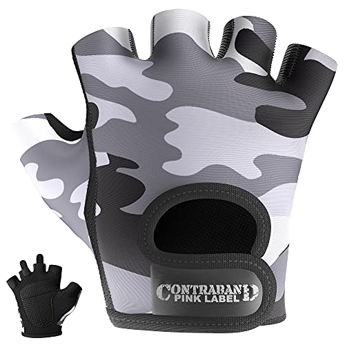 Contraband Pink Label 5217 Women's Design Series Camo Print Lifting and Rowing Gloves (Pair) - Lightweight Vegan Medium Padded Microfiber Amara Leather w/Griplock Silicone - color: Gray, size: X-Small