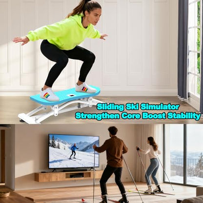 Sliding Ski Simulator with Resistance Bands, Indoor Skiing Fitness Equipment with Non-Slip Base for Home Gym, Full-Body Cardio Training Machine for Core Leg Arm Workout