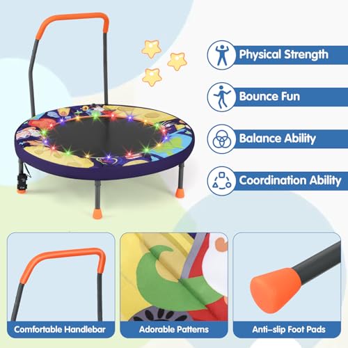 Goplus Foldable Toddler Trampoline for Kids, 36'' Recreational Mini Trampoline w/20 LED Lights, Foam Handle, Padded Safety Cover, Indoor Outdoor Exercise Rebounder for Boys Girls Aged 3-6 - style: Purple-Outer Space