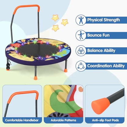 Goplus Foldable Toddler Trampoline for Kids, 36'' Recreational Mini Trampoline w/20 LED Lights, Foam Handle, Padded Safety Cover, Indoor Outdoor Exercise Rebounder for Boys Girls Aged 3-6 - style: Purple-Outer Space