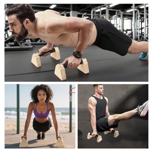 2PCS Wooden Push Up Bars, Non Slip Base Push-up Stands, Solid Wood Parallettes Bars for Handstand, Plank, Calisthenics & Home Gym Strength Training, Wood Color, 7.9 Inch