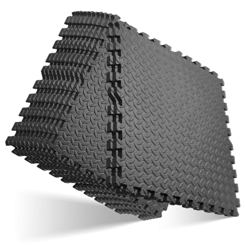GWT Interlocking EVA Foam Floor Tiles 24x24 Inch 0.4 Inch Thick Gym Flooring for Home Gyms Garages and Basements, 12 Pack Covers 48 Square Feet, Shock-Absorbing Easy Snap-Together Install - color: Black