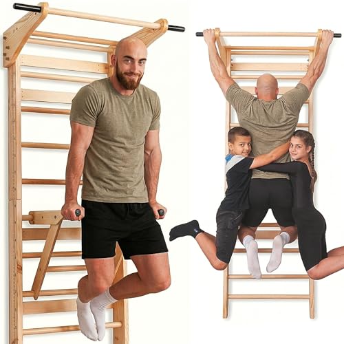 Swedish Ladder Wall Bars with Pull-Up Bar & Dip Station for Kids and Adults – Wooden Stall Bars, Multifunctional Home Gym Wall Ladder for Strength Training & Stretching