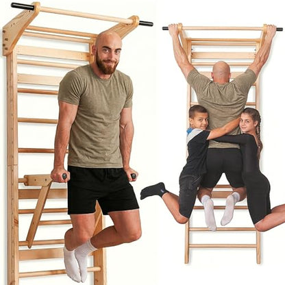 Swedish Ladder Wall Bars with Pull-Up Bar & Dip Station for Kids and Adults – Wooden Stall Bars, Multifunctional Home Gym Wall Ladder for Strength Training & Stretching