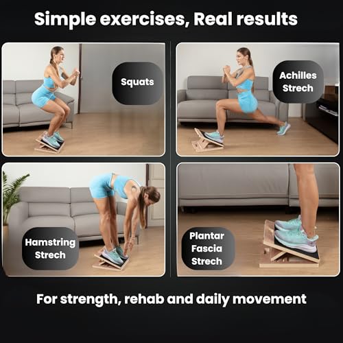 14″ Wide Premium Portable Wooden Slant Board, Thicker Bottom – Professional Adjustable Calf Stretching, Beginner & Rehab Friendly, Exercise Guide and Bonus Muscle Roller, Squats, Physical Therapy